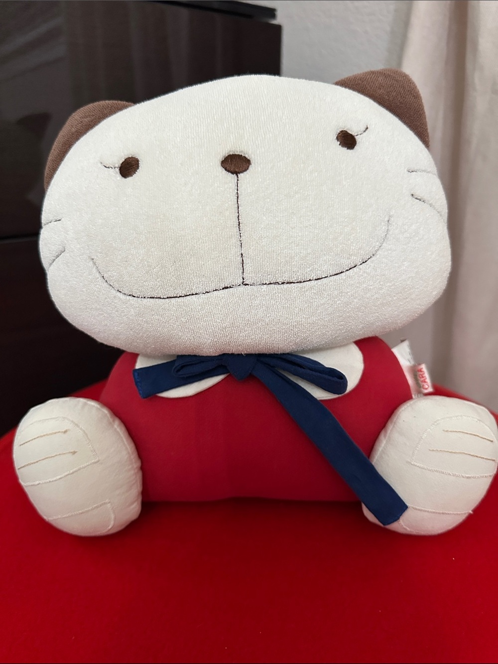 Plush Cat Stuffed Animal in White, Red & Navy – Soft Cuddly Toy